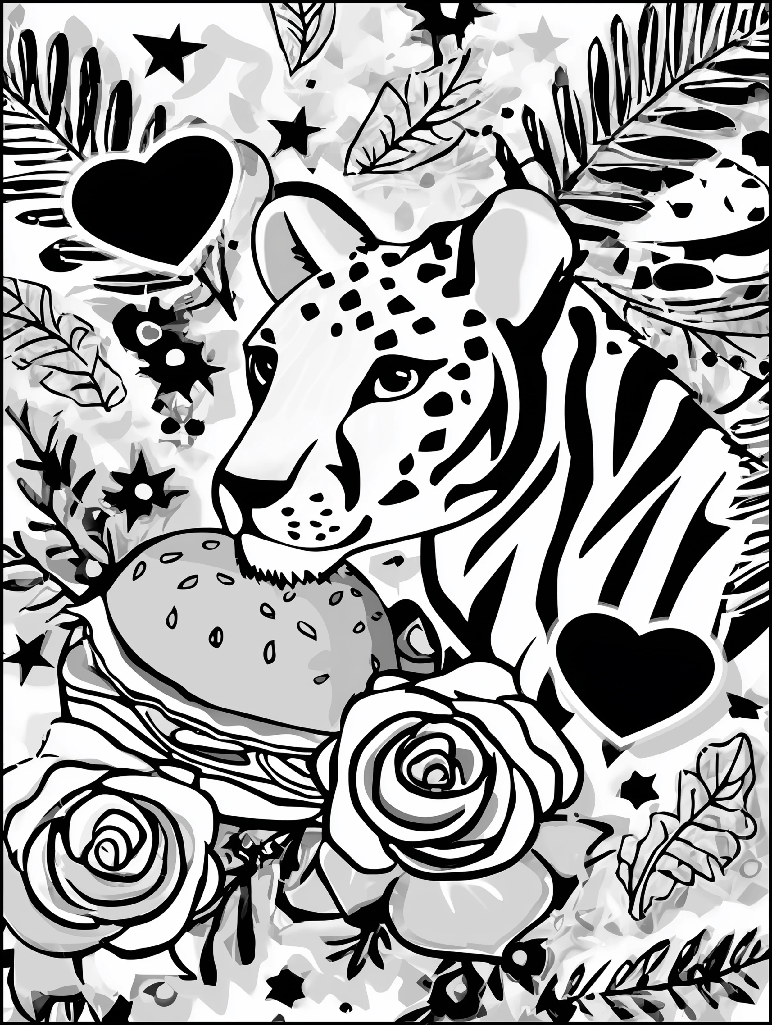 Free cheetah printable coloring page featuring a cheetah holding a burger